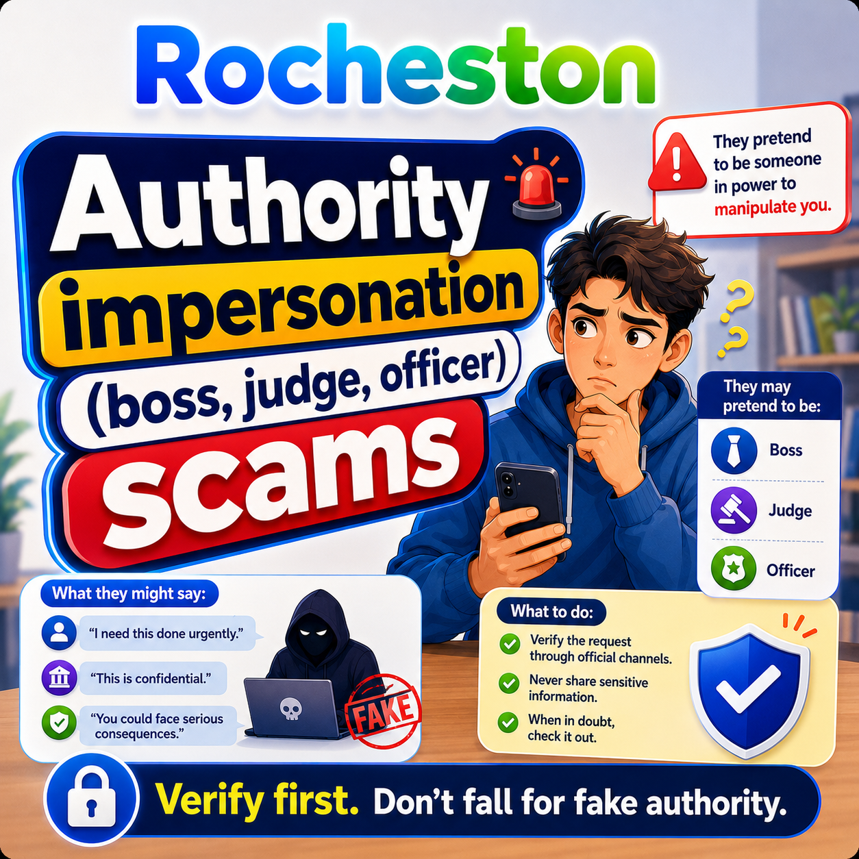 ZelSafe awareness card about authority impersonation scams